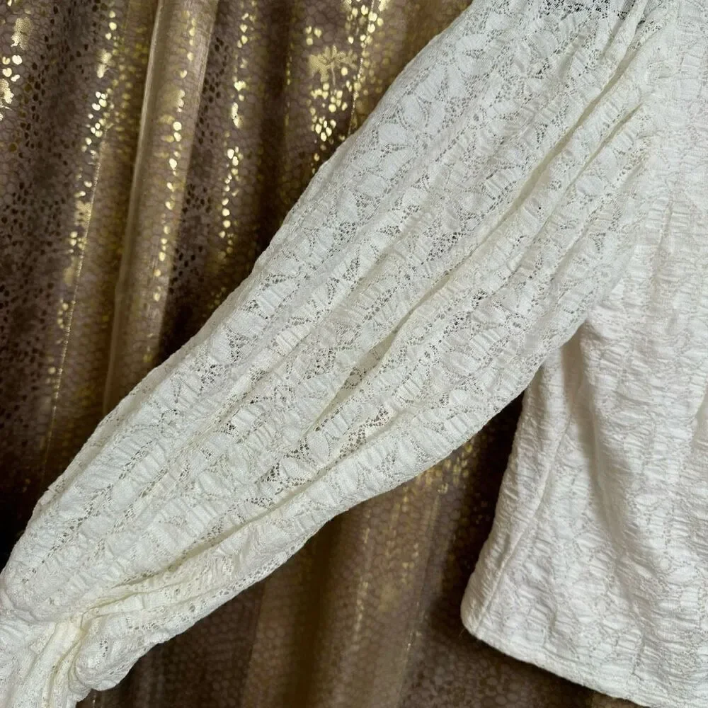 Free People Jasmine Tea Time Long Puff Lace‎ Sleeve Open Back Top Ivory Medium